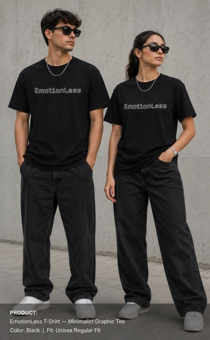 EmotionLess T‑Shirt — Minimalist Graphic Tee with Arched Retro Text