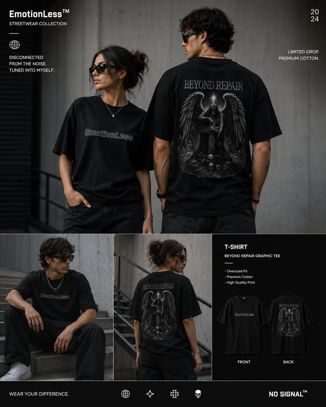 EmotionLess T‑Shirt — Minimalist Graphic Tee with Arched Retro Text