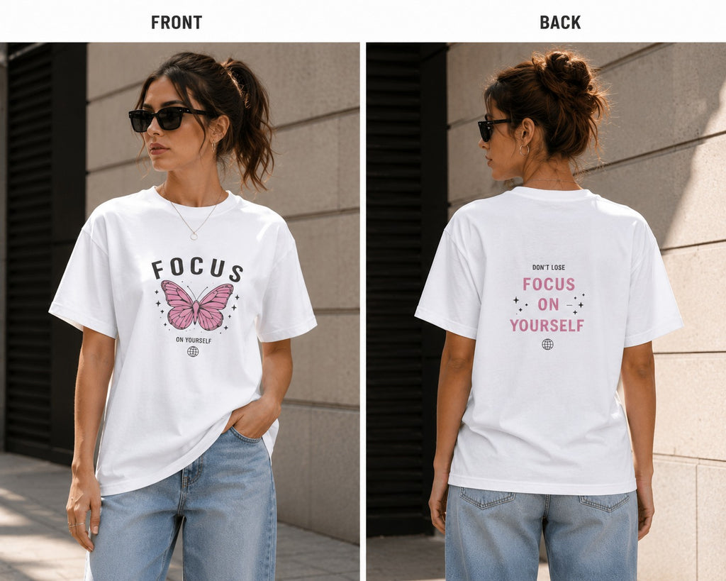 Focus Butterfly T-Shirt — Inspirational Pink Butterfly Graphic Tee for Mindfulness & Motivation