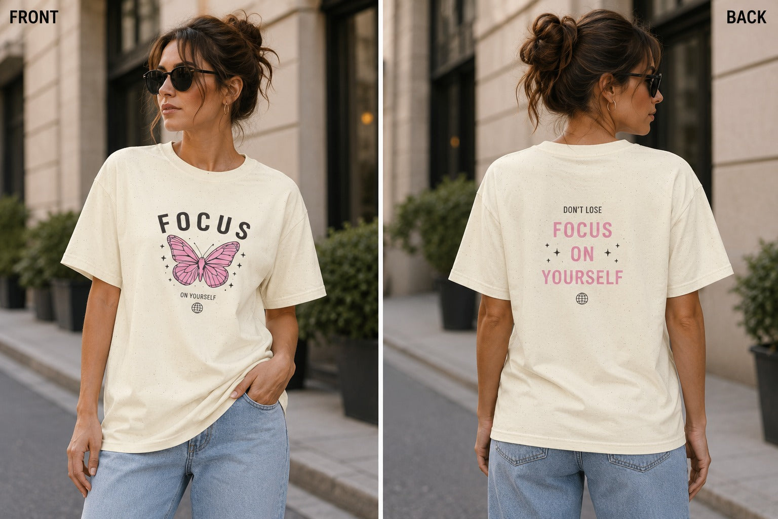 Focus Butterfly T-Shirt — Inspirational Pink Butterfly Graphic Tee for Mindfulness & Motivation