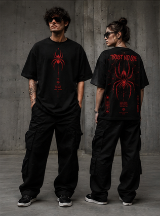 Trust No One Oversized Graphic T-Shirt | Spider Print Streetwear | Unisex Drop Shoulder Tee