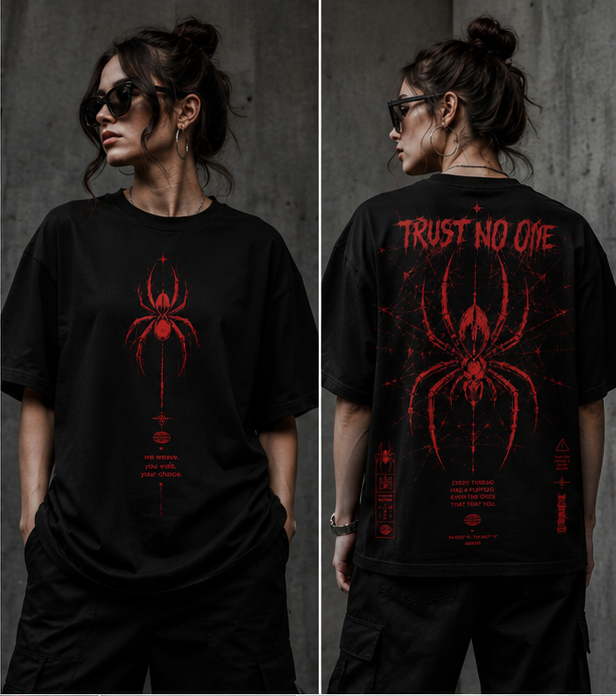 Trust No One Oversized Graphic T-Shirt | Spider Print Streetwear | Unisex Drop Shoulder Tee