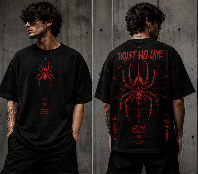Trust No One Oversized Graphic T-Shirt | Spider Print Streetwear | Unisex Drop Shoulder Tee