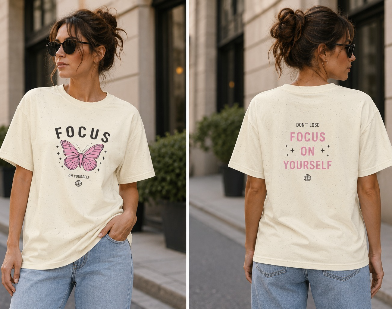 Focus Butterfly T-Shirt — Inspirational Pink Butterfly Graphic Tee for Mindfulness & Motivation
