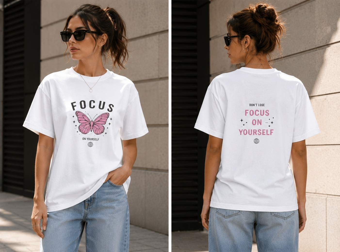 Focus Butterfly T-Shirt — Inspirational Pink Butterfly Graphic Tee for Mindfulness & Motivation
